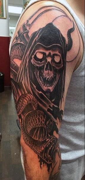 Guy's Creative Grim Reaper Tattoo Designs Half Sleeve