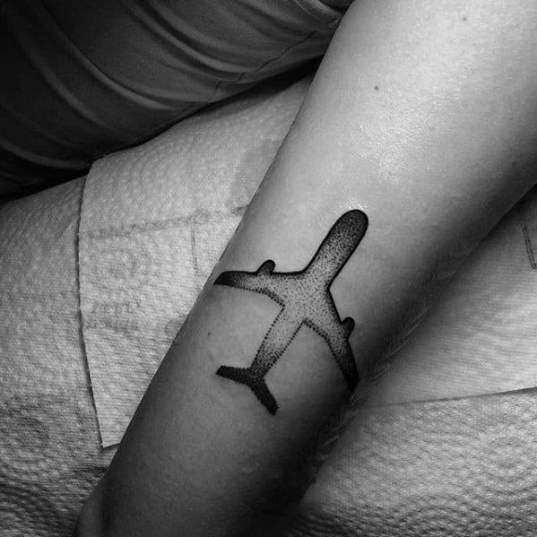 Guys Creative Small Dotwork Airplane Forearm Tattoo