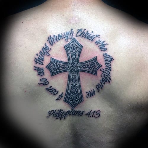 Guys Cross Philippians 4 13 Back Tattoos
