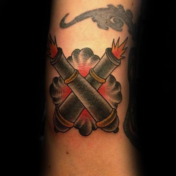 Guys Crossed Cannons Arm Tattoo Design Ideas