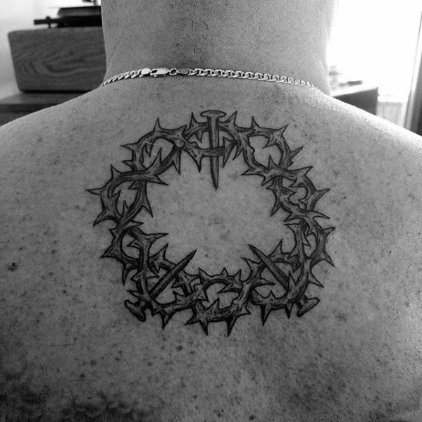 Guys Crown Of Thorns Circular Upper Back Tattoos