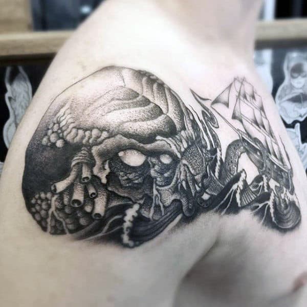 Guys Cthulhu Sailing Ship Shoulder Cap And Chest Tattoo