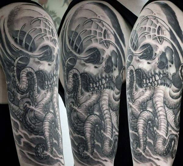 Guys Cthulhu Skull Half Sleeve Tattoo Ideas