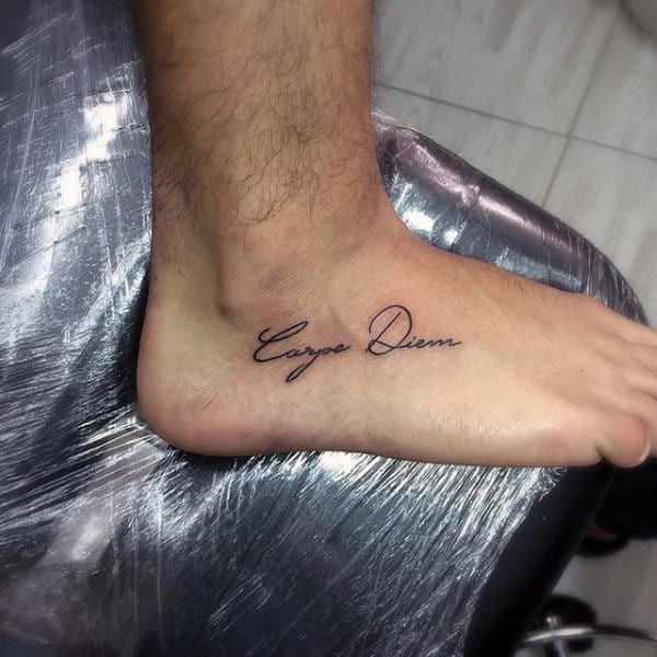 Guys Cursive Carpe Diem Foot Tattoo