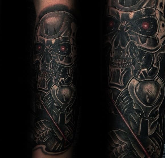 Guys Cyborg Themed Terminator Sleeve Tattoo On Forearms