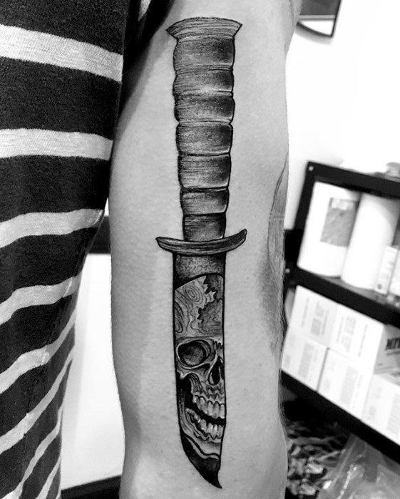 Guys Dagger Unique Skull Back Of Arm Tattoos
