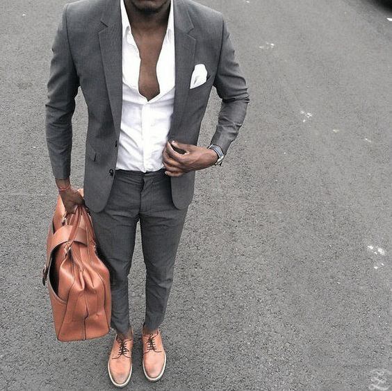 Guys Dapper Style Charcoal Grey Suit Brown Shoes White Dress Shirt Without Tie Ideas