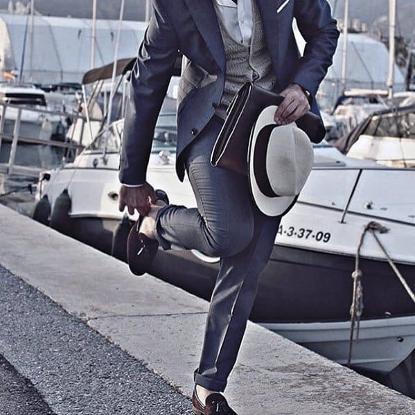 Guys Dapper Style Navy Blue Suit Brown Shoes Ideas With Grey Vest