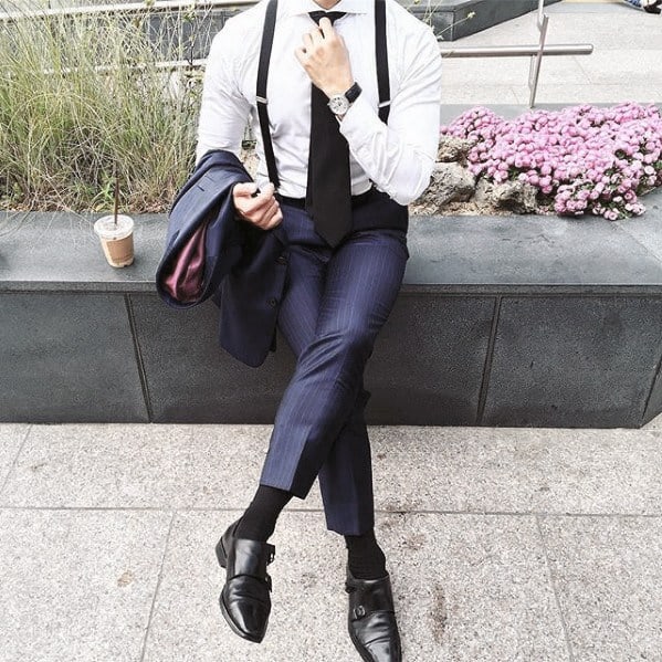 Guys Dapper Style Navy Blue Suit With Black Shoes And Suspenders Ideas