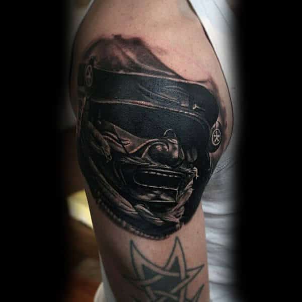 Guys Dark Shaded Black Work Samurai Mask Upper Arm Tattoo