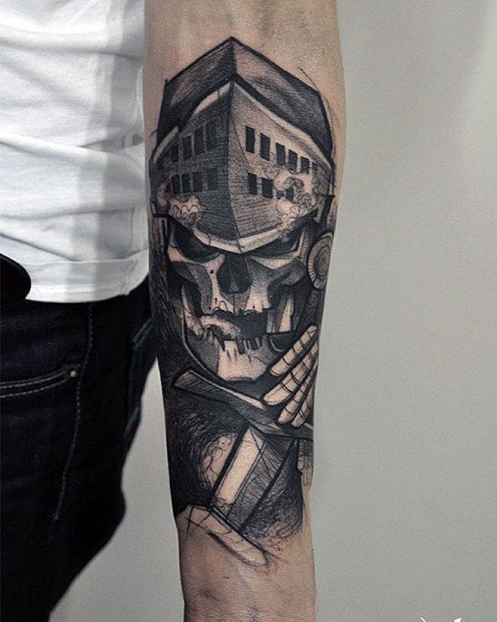 Black and grey Dark Souls tattoo of a skeletal knight in a worn helmet holding a sword, covering the forearm.