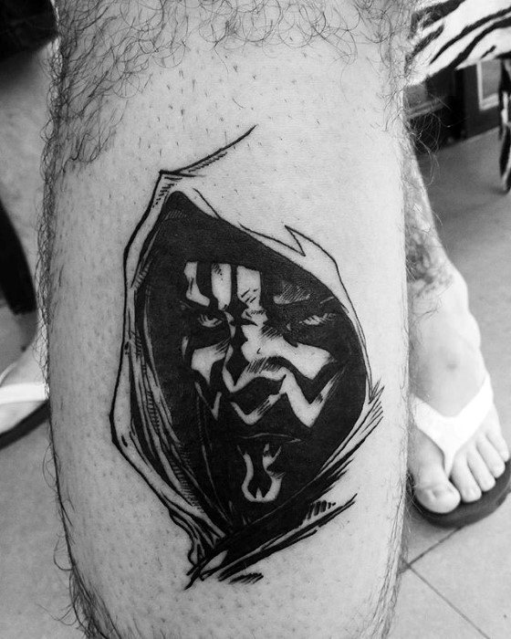 Guys Darth Maul Tattoo Sketched Black Ink Design On Leg Calf