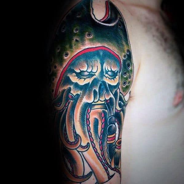 Arm tattoo of a colorful octopus with Davy Jones-level intricate details