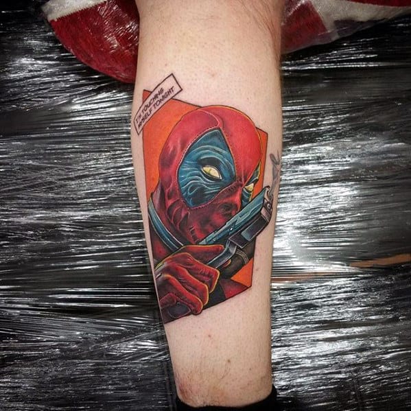 Guys Deadpool Marvel Comic Leg Tattoo
