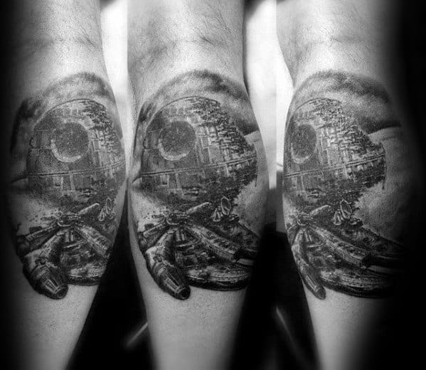Black and white tattoo of a detailed Death Star and space station on the forearm