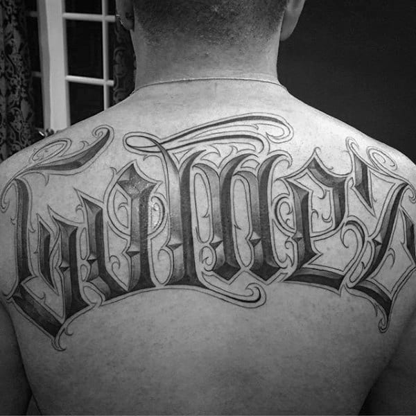 Guys Decorative Old English Gomez Last Name Upper Back Tattoos