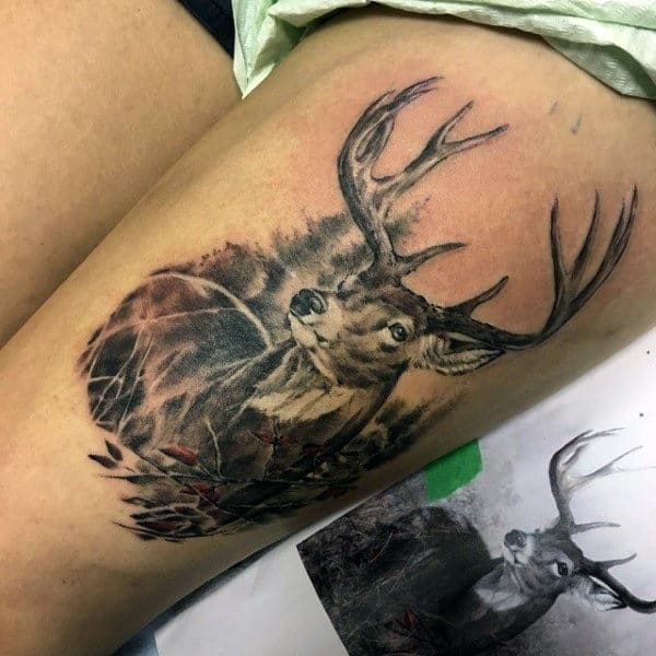 Guys Deer Head Tattoo Designs On Upper Thigh