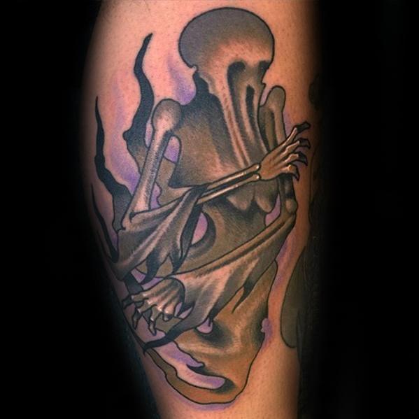 Colorful Dementor tattoo with exposed skeletal arms and smoky, flowing cloak in shades of brown, purple, and black.