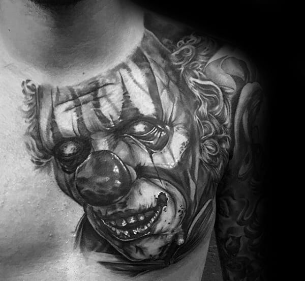Guys Demonic Upper Chest Shaded Clown Tattoos