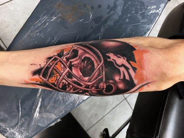 Guys Denver Broncos Skull Football Helmet Shin Tattoo