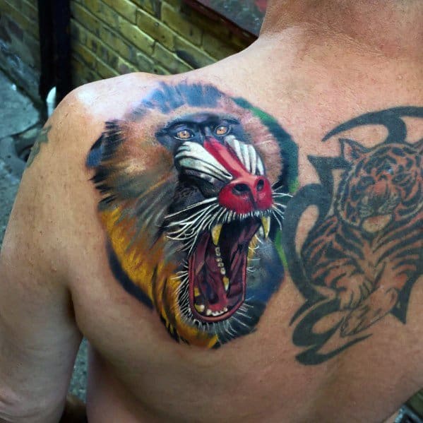 Realistic baboon shoulder tattoo with vivid colors, fierce open-mouthed expression, and detailed shading for a bold and dynamic design.