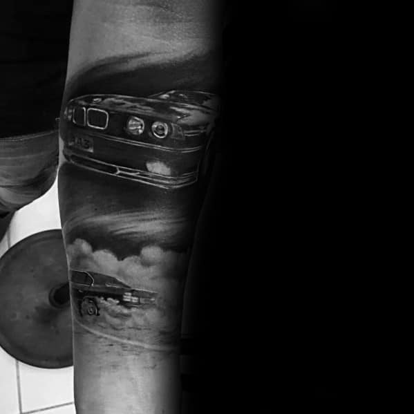 Realistic BMW E30 tattoo sleeve, featuring a bold front-end close-up and drifting scene with dynamic shading for a dramatic effect.