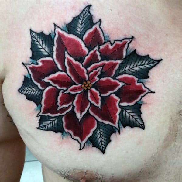Bold Christmas tattoo of a vibrant red poinsettia flower with dark leaves, featuring traditional shading and crisp lines for a festive holiday design.