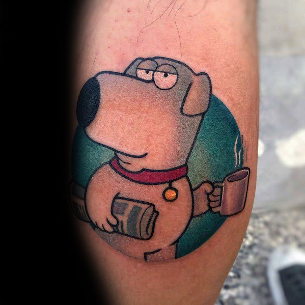 Tattoo of Brian Griffin from Family Guy holding a steaming coffee cup and a newspaper, with a smug expression, set against a circular background.