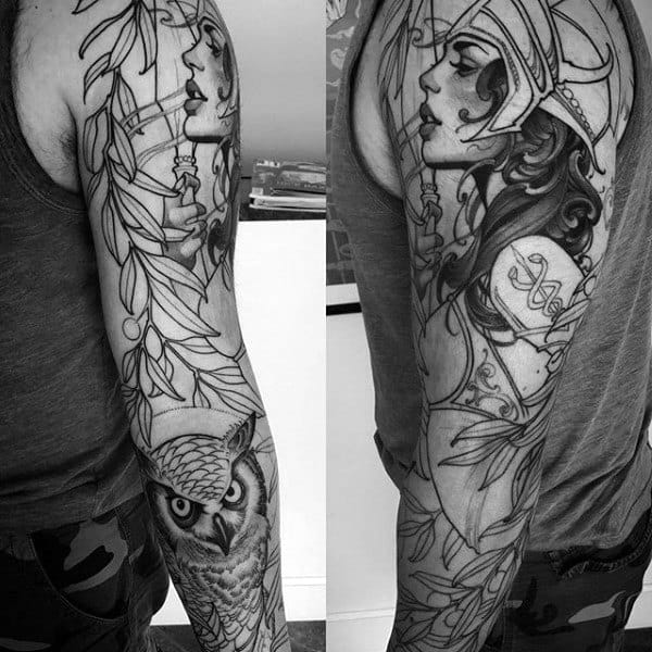Linework Athena sleeve tattoo featuring olive branches, a detailed owl, and helmeted goddess profile in elegant black ink outline style