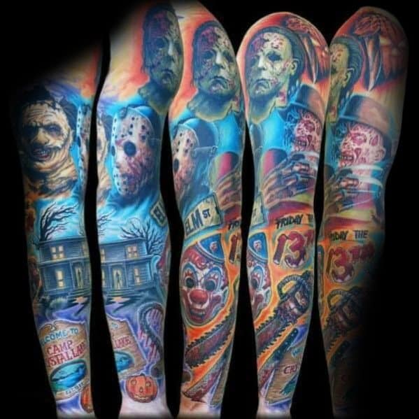 Colorful horror sleeve tattoo featuring icons like Jason Voorhees, Michael Myers, Leatherface, and eerie scenes from classic slasher films.