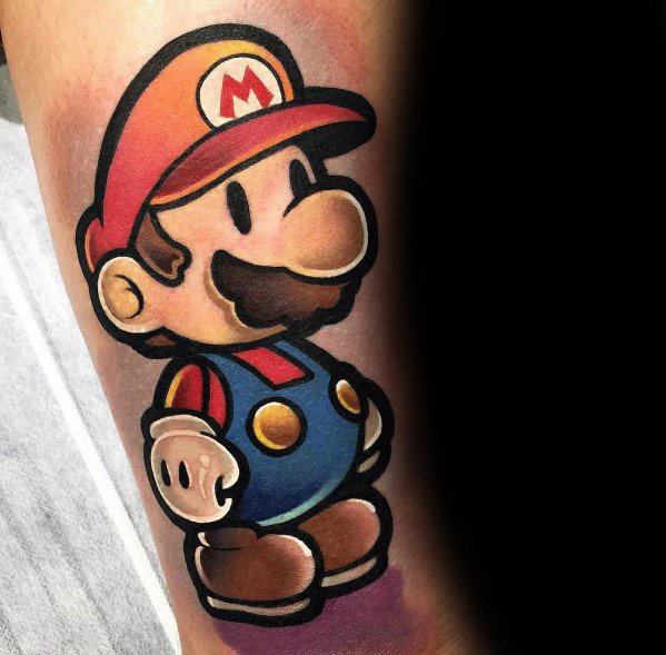 Bold and colorful *Paper Mario*-style tattoo with thick outlines and shading, capturing the playful and nostalgic charm of the classic character.