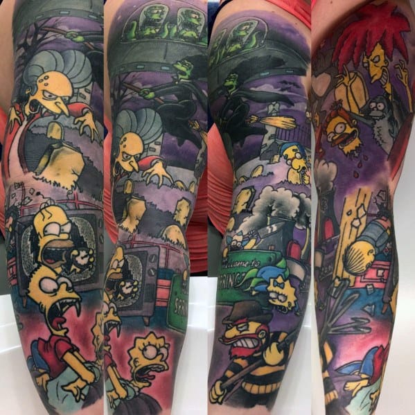 Detailed full-sleeve tattoo of The Simpsons in a chaotic, dystopian scene with dark tones and intense expressions.