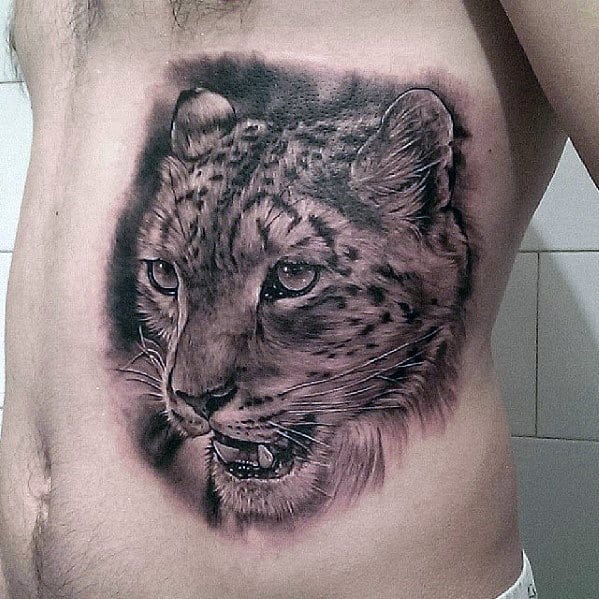 Guys Detailed Rib Cage Side Cheetah Head Tattoo Designs