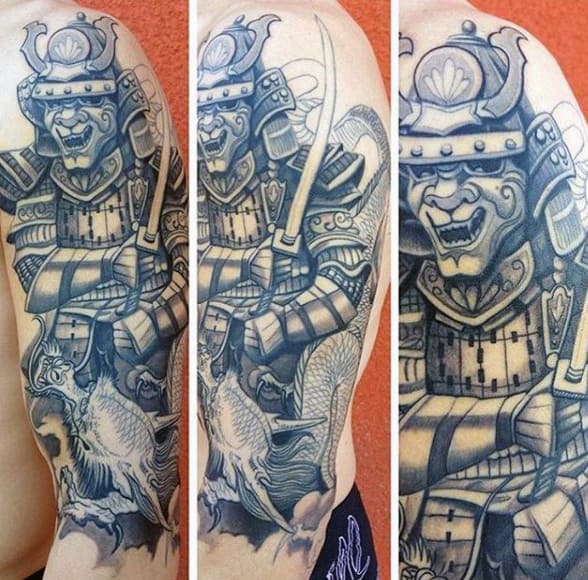 Guys Detailed Samurai Holding Sword With Dragon Tattoo Half Sleeve