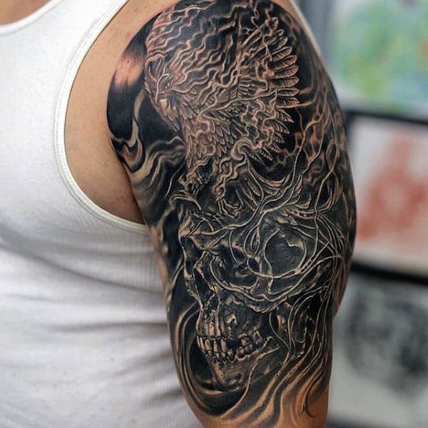 Guys Detailed Skull Smoke Half Sleeve Tattoos