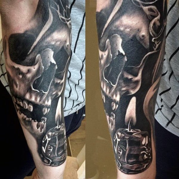 Guys Detailed Skull With 3d Burning Candle Forearm Sleeve Tattoo