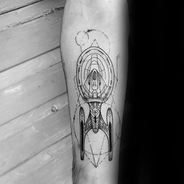 Guys Detailed Spaceship Inner Forearm Star Trek Tattoo Design Ideas