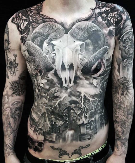 Guys Different Animal Skull Shaded Full Chest Tattoo
