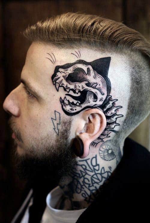 Guys Dinosaur Skeleton Face Tattoo Ideas
