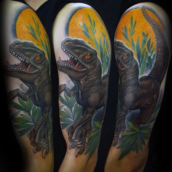 Guys Dinosaur Velociraptor Half Sleeve Tattoos