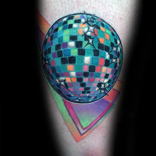 Vibrant disco ball tattoo with multicolored tiles and sparkling highlights, set against a geometric neon background for a retro 80s vibe.