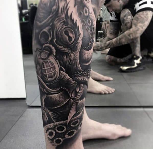 Guys Diver With Octopus Leg Sleeve Tattoo Design Ideas