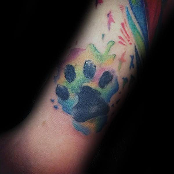 Guys Dog Paw Watercolor Colorful Forearm Tattoos