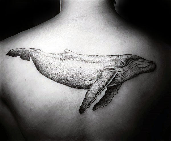 Guys Dotwork Shaded Whale Upper Back Tattoo Design Ideas