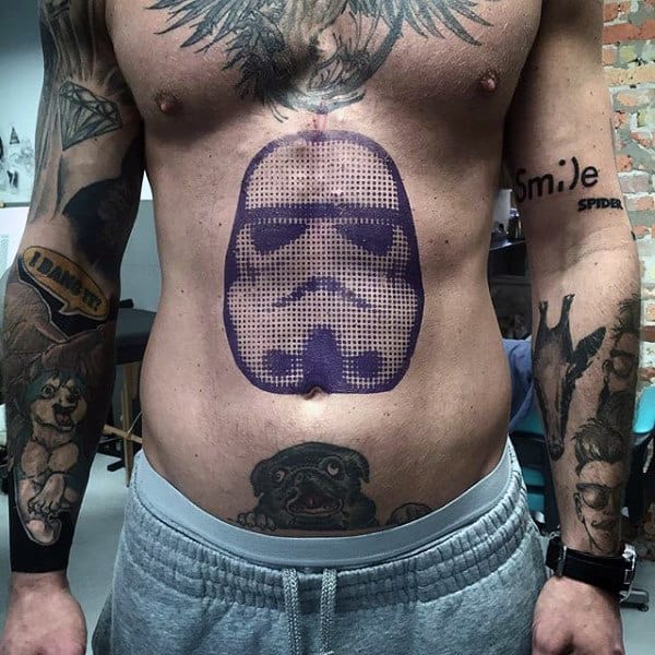 Guys Dotwork Stormtrooper Helmet Stomach Tattoos