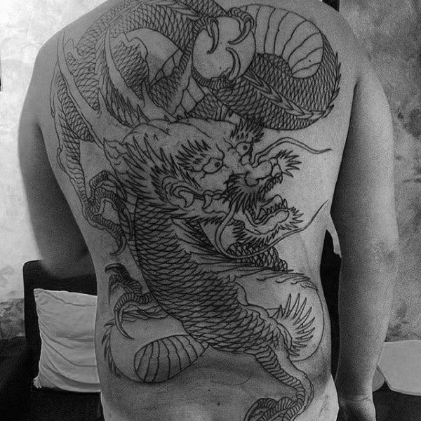 Guys Dragon Black Ink Outline Tattoo Designs On Back