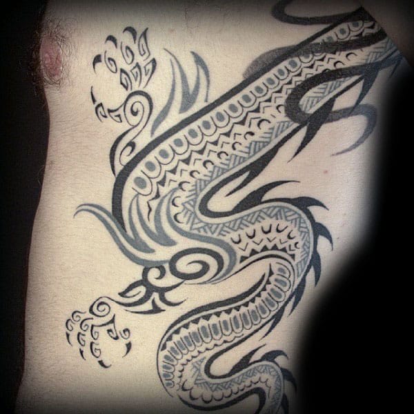 Guys Dragon Tattoo Tribal Rib Cage Side