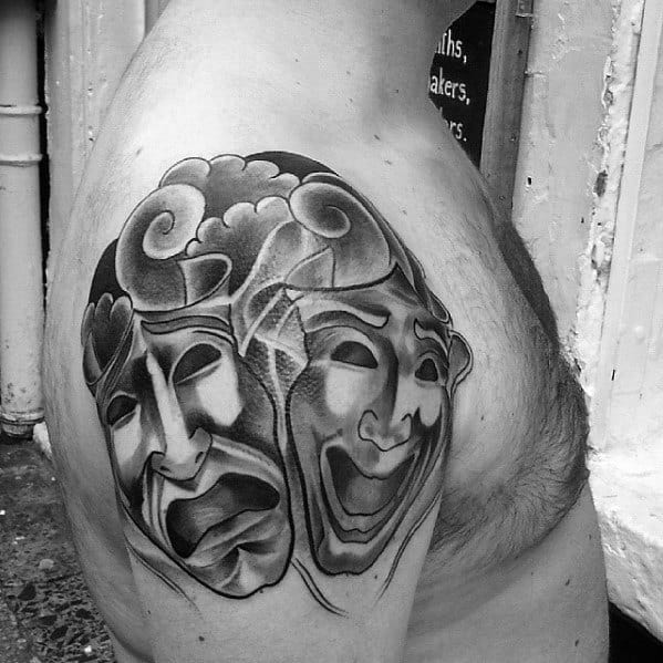 Guys Drama Mask Tattoo Design Ideas Upper Arm With Japanese Clouds