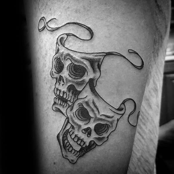 Guys Drama Mask Tattoos Skulls On Leg