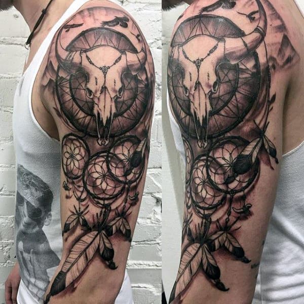 Guys Dreamcatcher Animal Skull Tattoo Deson Arm